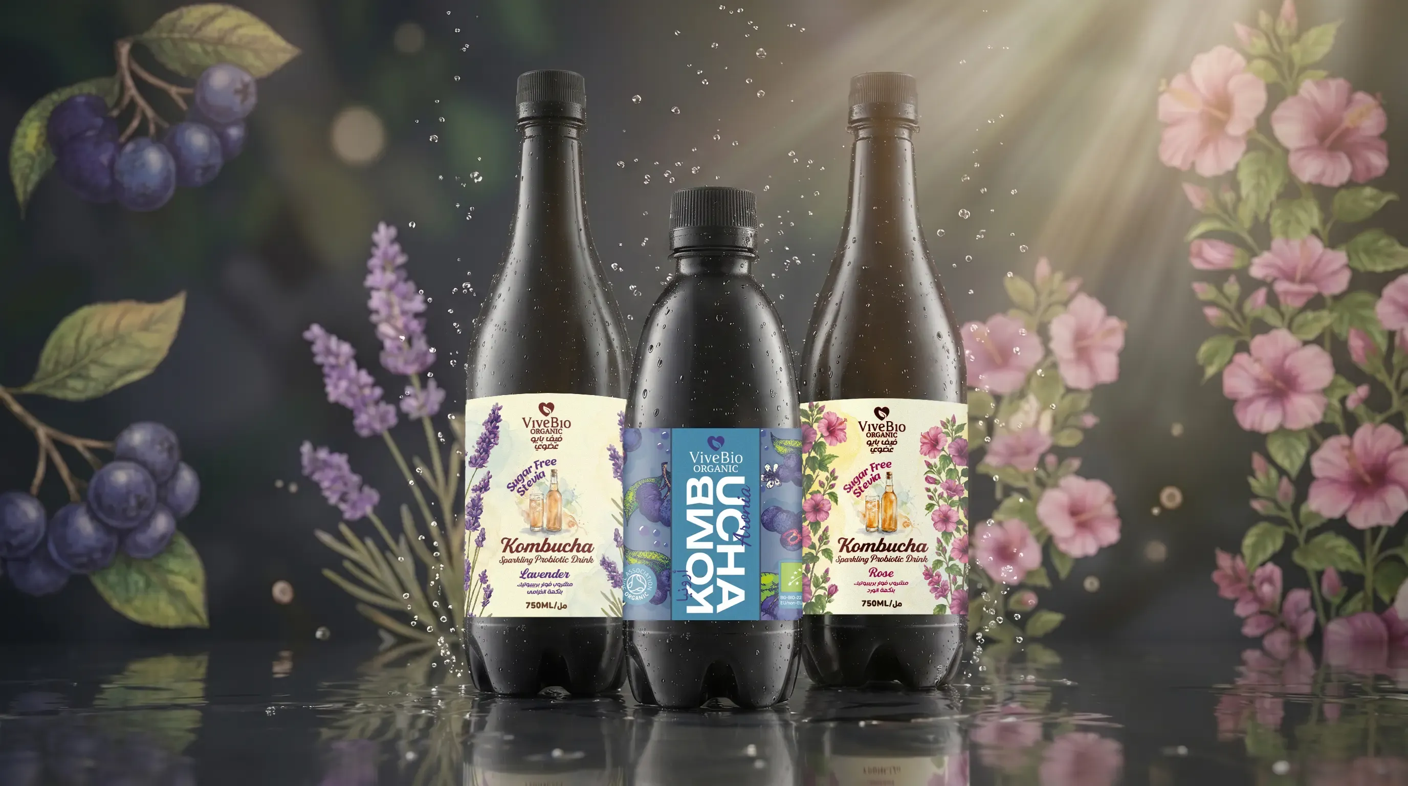 ViveBio organic kombucha in lavender and rose flavours